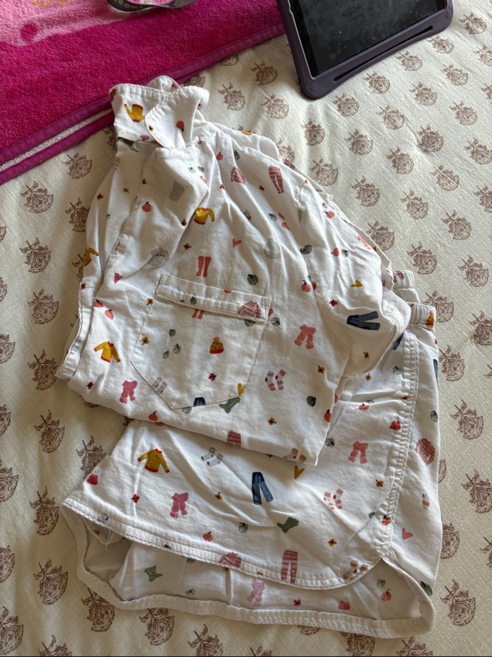 LOFT White Cotton Pajama Shorts & Top Set with Multicolor Mini Motifs